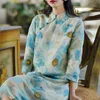 Johnature Vrouwen Ramie Chinese Stijl Jurken Stand A-Lijn Afdrukken Floral Jurk Spring Vintage Shirt Dress Button Jurken 210521