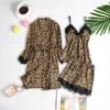 Leopard Print Women 3 Pcs Set Lace Sexy Ice Silk Summer Shorts Ladies Satin Homewear Pajama Suits Robes Night Wear for Female Q0706