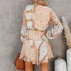 Bahar Elbise Chic Vintage Bohemian Baskı Mini Kadınlar Uzun Kollu Şifon Vestidos Kadın Kemer Pileli Bel Astar 210430