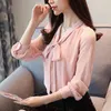 Elegant Bow Women Tops and Blouse Solid Autumn Clothing Arrival Chiffon White Pink 6176 50 210521