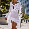 Knitting White Crochet Tunic Beach Wear Saida De Flare Sleeve Bikini Cover-Up Long Dress Hollow Out Cover Ups Sarongs