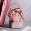 Candy Box Creative Pink Gray Marble Texture Gift Wrap Octagonal Paper Boxes With Ribbons Portable Candies Present Bags Handles Wedding Party Package 10pcs WMQ1092