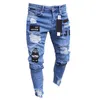 3 Styles Men Stretchy Ripped Skinny Biker Embroidery Print Jeans Destroyed Hole Taped Slim Fit Denim Scratched High Quality Jean H1122