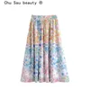 Beauté mode blogueur imprimé fleuri taille haute jupe femmes doux Chic élastique en mousseline de soie longues jupes femme 210514