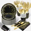 Engångsgräs svart och guldfest levererar gyllene dot plastplattor gafflar knivar skedar