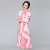 Runway Design Dames 2 Stuk Set Lente Mode Pink Print Bow Chic Shirt + Hoge Taille Plooited Midi Rokken Pak Vrouw 210519