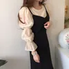 Chic Corea O cuello temperamento gasa Puff manga camisa + negro abalorios correa de espagueti vestido Retro Sexy salvaje dos piezas conjunto 210506