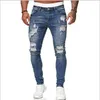 Moda masculina buraco azul jeans magros simples zíper calças apertadas respirável e confortável calças masculinas