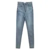 Vår Höst Kvinnors Jeans Hög Midja Stretch Skinny Denim Byxor Vintage Blå Tvättade Elastiska Slim Wrap Hip Pencil Trousers 210809