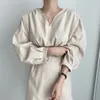 Ezgaga Coreano Chic Vintage Vestito Da Partito Delle Donne Con Scollo A V Increspato Vita Sottile Manica Lunga Lanter Solido Abito Elegante Abiti Feminino 210430