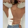 Summer One Shoulder Tees T-shirt Kobiety Casual Lace Up Crop Topy Solid Sexy Backless Bandaż Koszulki Kobiety Streetwear Topy 210625