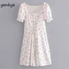 Sweet Floral Print Dress Women Square Neck Short Sleeve Front Lace Up Slim Female Summer A-line Mini Party es 210514