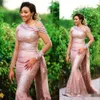 Vestidos de noite de ouro rosa Mermaid plus tamanho um ombro de mangas compridas Aplique o vestido de baile de formatura personalizada de saia