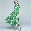Runway Women's Scarf Long Sleeve Summer Maxi Chiffon Fashion Forest Leaves Print Holiday Green Dresses Have Lining 210416
