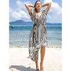 Sexy Bikini Cover-Ups Cotton Tunika Dorywczo Paski Letnia Plaża Dress Eleganckie Kobiety Plus Size Wear Swim Siatek Cover Up Q1117 210420