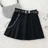 Black Pleated Skirt With Chain-Belt Punk Rock Girl Cheerleading Belted Mini Skirt Alt Women e-girl Outfit 210730