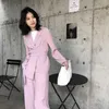 2 Piece Set Women Suits Summer Thin Fashion Pink Color Office OL Jacket Sash Blazer + Long Wide Leg Pants Suit Streetwear 210608