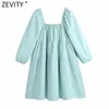 Kvinnor Fransk stil Solor Elastic Pleat Straight Mini Dress Ladies Puff Sleeve Vestido Chic Casual Dresses DS8325 210416