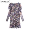 Women Chic Fashion Floral Print Ruffled Pleated Mini Dress Long Sleeve With Lining Female Dresses Vestidos 210420