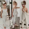 Jumpsuits 16Y Kids Baby Girls Clothes Cotton Linen Ruffle Romper Sleeveless Backless Wide Leg Pants Trousers Summer Clothing8499520