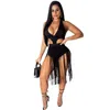 Waist Band Cut Out Tassels Sexy Beach Bodysuit Women Open Back Bandage Short Jumpsuit Summer V Neck Neon Green Bodycon Playsuit 210715