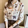 Harajuku Animal Print Womens Shirt Vintage Elegante Chiffon Bluse Frühling Herbst Langarm Weibliche Zoo Kleidung Satin Tops 210416