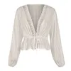 FORIDOL Deep V шеи Sash Pelpum с длинным рукавом блуза рубашка женщин осень зима прозрачная белая блузка топы короткие полосы винтажные вершины 210415