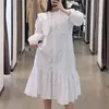 Sweet Women Solid White Loose Dresses Fashion Ladies Patchwork Draped Vestidos Streetwear Female Chic Button Dress 210430