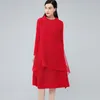 Femmes grande taille rouge plissé maille robe col roulé à manches longues coupe ample mode printemps automne 2E1588 210526