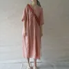 Johnature Simple Fashion V-Neck Kieszonkowy trzy czwarte rękaw Bawełniane sukienki lniane Lato Wygodne 3 Kolor Kobiety Dress 210521