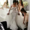 Vestidos de casamento retrô de renda completa com saia de tule destacável, gola transparente, mangas compridas, pérolas, bordados, vestidos de noiva elegantes