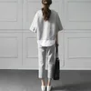 SWEETKAMA Autumn Casual O-Neck Fake 2 Pieces Top 3/4-Length Pants Two-Piece Sets Loose Splits Sleeve Cotton Suits 210727