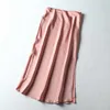 Vintage Midi Jupes Élégant Rose Satin Jupe Streetwear Dames Taille Haute Longue Sexy Une Ligne Slit 210621