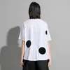 [EAM] Women White Big Size Spliced Dots Button Back Long T-shirt Round Neck Short Sleeve Fashion Spring Summer 1DD8082 21512