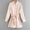 women satin shirt dress Short collared in flowing fabric Long sleeves cuffs Elastic waist Lining pink 8342309 210520