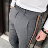 Pantalon à bande latérale pour hommes, robe d'affaires décontractée, pantalon de bureau, longueur cheville, alon, coupe cintrée, pantalon social 210715