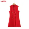 Mulheres Vermelho Long Waistcoat Vest Balde Dupla Escritório Breasted Senhoras Sem Mangas Blazer Top Sl581 210416