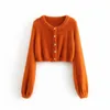 Vintage chic orange faux mink beskurna cardigans kvinnor mode o-hals singel breasted tröja casual kvinnliga toppar 210520