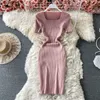 Summer Dress Solid Color Women's Knitted Bodycon Elegant Square Collar Short-sleeved Elastic Knee Length Casual 210603