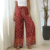 Bohemian Vintage Maxi Calças Mulheres Imprimir Cintura Alta Bandage Casual Beach Holiday Plus Size Granma Perna Calças Feminino 210608