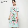 Europe Fashion Summer Floral Print Runway Dress Short Sleeve Robe Elegant Women Sweet Office Party Vestidos Green 210601