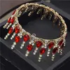 Vintage Red Crystal Diadem Bridal Tiaras Bröllop Crown Royal Queen Headdress Pageant Hår Smycken Födelsedag Huvud Ornament X0625