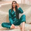 2 Pieces Faux Silk Satin Pajamas Set Autumn Women Sleepwear Long Sleeve Home Suits for Ladies Solid Color Nightwear 210830