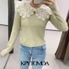 Femmes Sweet Fashion Dentelle Patchwork Croppé Pull tricoté à manches longues Femme Pullovers Chic Tops 210420