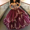 Luxurious Burgundy Lace Beaded Quinceanera Prom Dresses Ball Gown Party Gowns Sweetheart Tulle Evening Sweet 16 Dress CG001