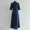 Sommer Eine Linie Frauen Kleid Koreanische Kerb Kragen Halbe Hülse Taste Verband Bogen Vintage Lange Maxi Weibliche Robe Vestidos 210514