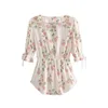 Fashion Prairie Style Chic Vintage Floral Print Top Women Sweet Bow Tie Single Breasted Ruffles Blouses Mujer De Moda 210508