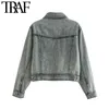 TRAF Women Fashion Acid Wash Cropped Denim Jacket Coat Vintage Long Sleeve Pockets Female Outerwear Chic Tops 210415