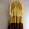 Casual Loose Hit Color Dress For Women V Neck Lantern Three Quarter Sleeve Vintage Maxi Dresses Female Fashion 210520