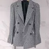 Houndstooth Korean Belt Woolen Coats Jackor Kvinnor Puff Sleeve Notched Collar Double-Breasted Elegant Vintage Kvinna Outwear Topp 210518